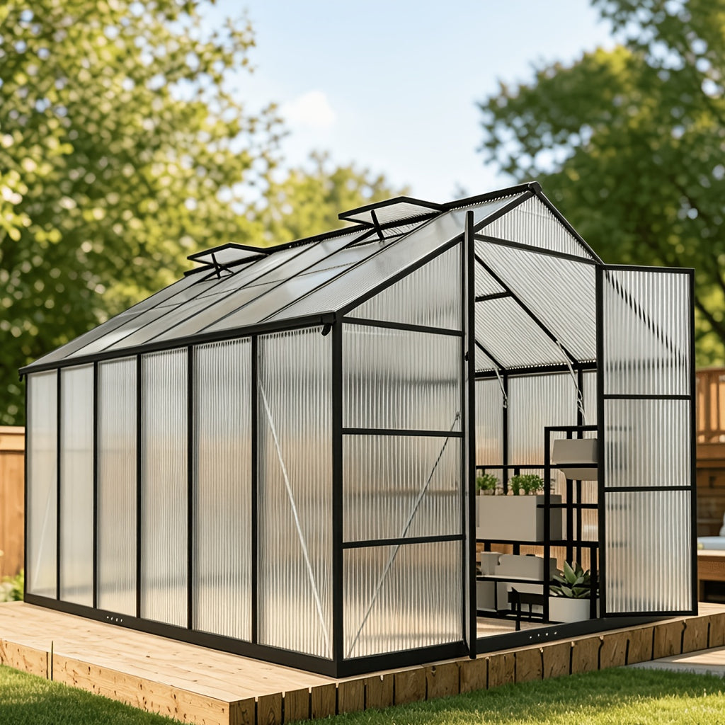 [Polycarbonate Greenhouse] 10X12 FT Greenhouse, Greenhouses For Outside, Polycarbonate Greenhouse With Aluminum Frame, Lockable Door And Ajustable Roof Vent For Backyard, Green Houses For Outside Garden Backyard, Patio, Garden Houses