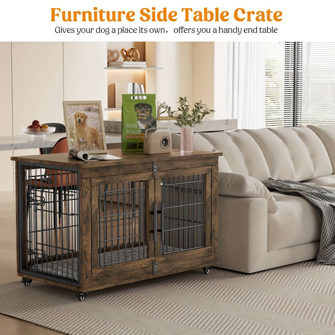 43/36/29/27in Furniture-style Wooden Dog Crate with Anti-Slip Mat, Adjustable Door, Secure Lock, Available In Gray/Brown, Easy to Move with Wheels Or Stable with Anti-Slip Foot Pads, Easy to Clean Pet Cage, Ideal for Home, Living Room Or Bedroom