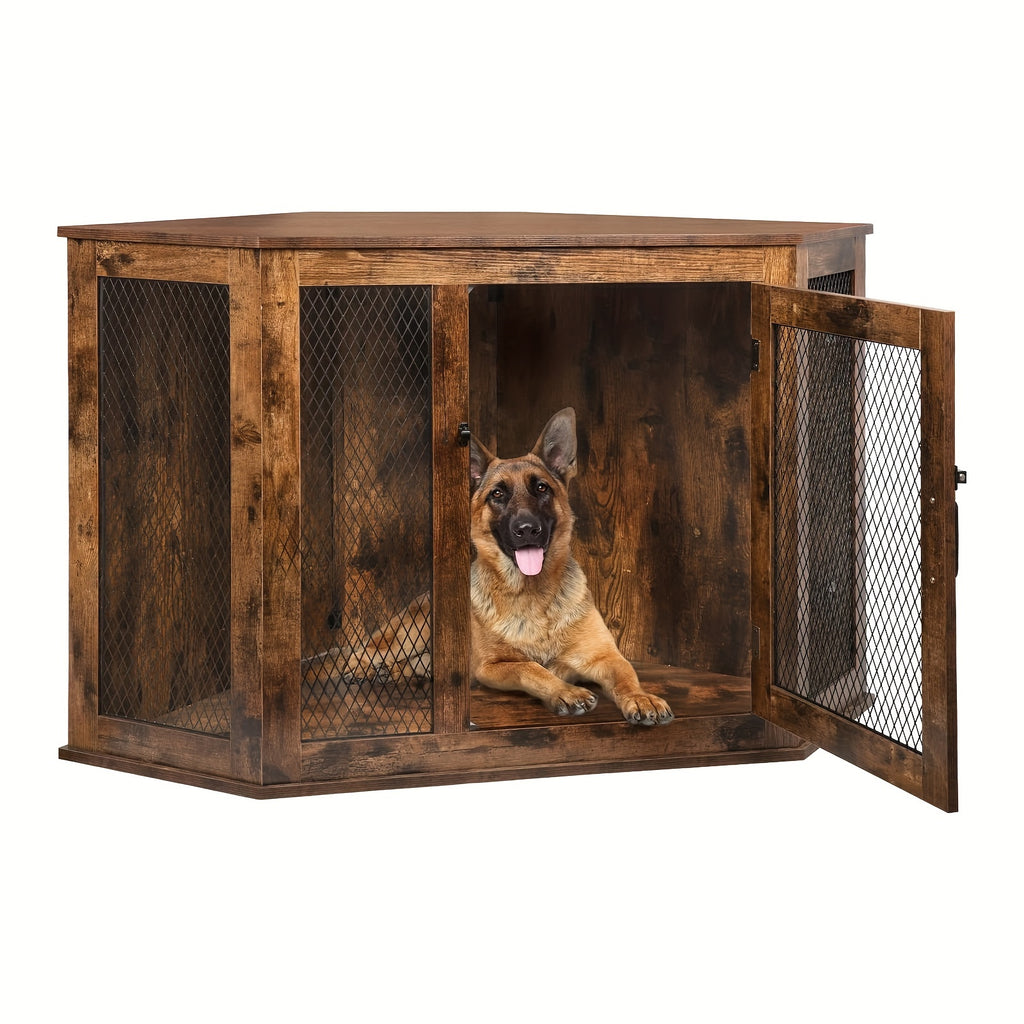 Corner Dog Crate Furniture, 44 Inch Wooden Dog Kennel End Table with Mesh, Decorative Pet Crate Dog House for Large/Medium/Small Dog Indoor Use