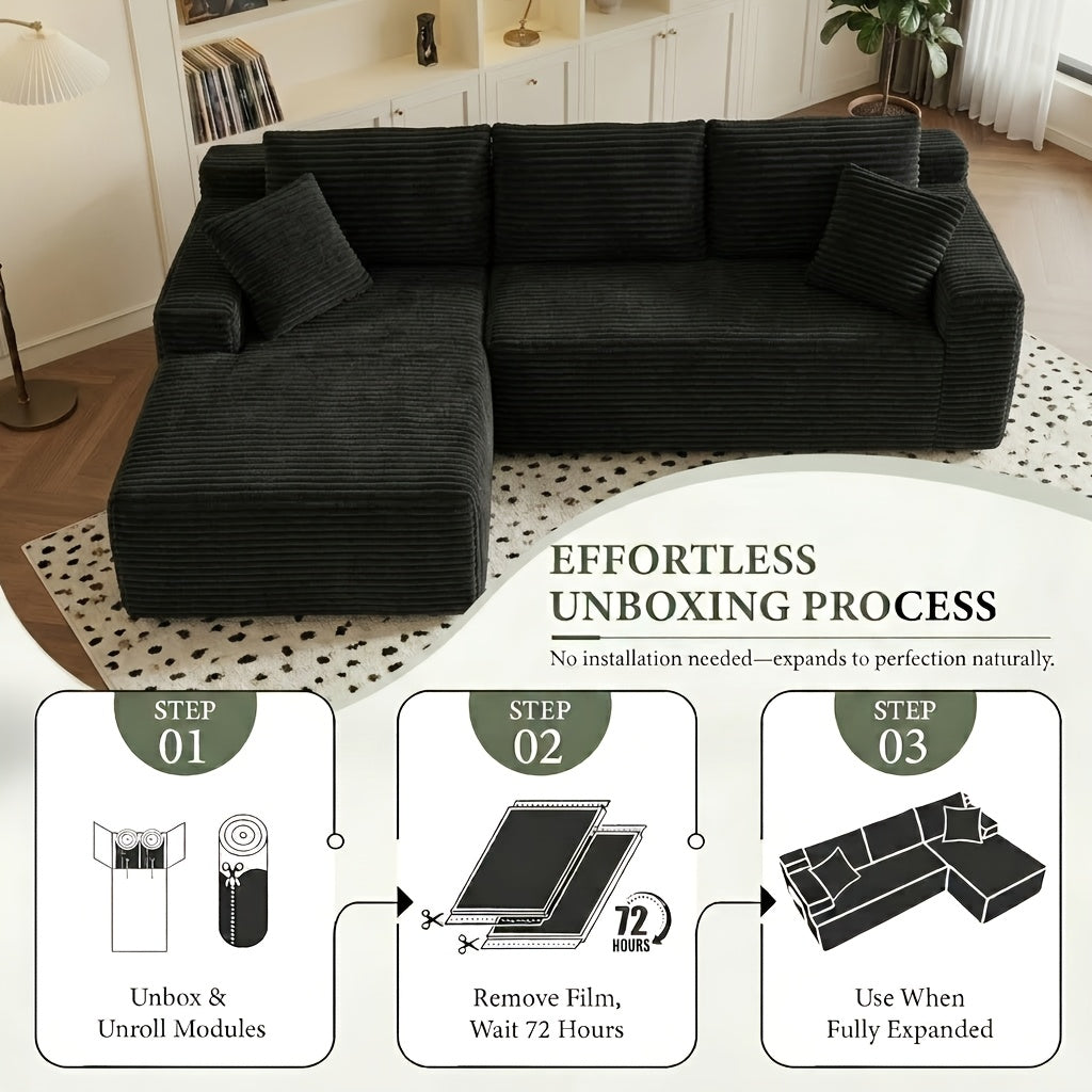96.1-inch Modern Modular L-shaped Combination Sofa, 3-seater Corduroy Fabric with Deep Seat Oversized Left Facing Lounge Chair, Invertebrate 3-seater Sofa, No Assembly Required, Cat Paw Resistant - Suitable for Living Rooms And Apartments