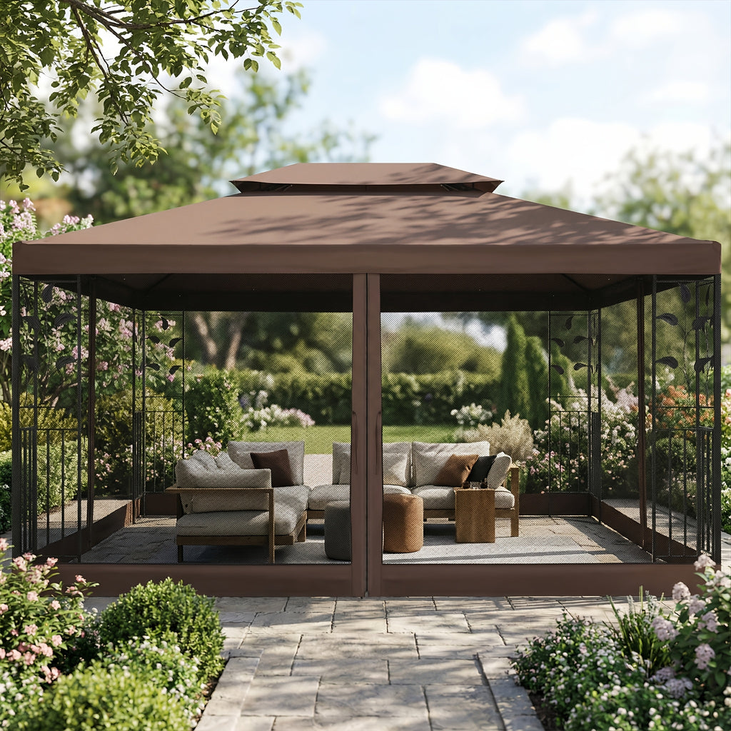 10×13ft Wedding Party Canopy, Outdoor Folding Gazebo, With 4 Detachable Mosquito Net Walls, With Ground Stakes, Easy Set Up, Sun Protection, Double Roof Design, Suitable For Garden, Courtyard, Outdoor, Villa, Terrace, Deck, Birthday Gift, Game Tent