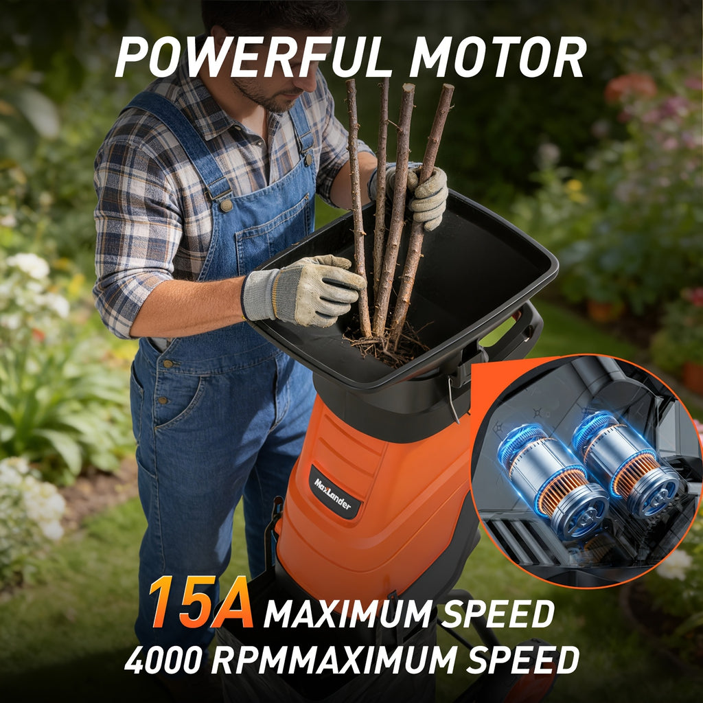 Maxlander 15-Amp Heavy-Duty Electric Wood Chipper, 11.89gal Corded Leaf Shredder, 1.75Inch Cutting Capacity, Corded Chipper With Collection Bag, Wood Chippers, Shredders, & Mulchers, Yard Waste Mulcher For Branches And Twigs