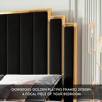 Velvet Upholstered Platform Bed Frame, Available in 61.4" Or 65" Sizes, Featuring a Gold-Trimmed Headboard And Wooden Slats, No Box Spring Required.