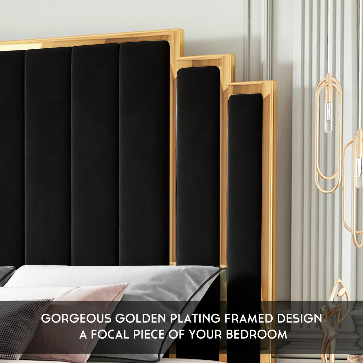 Velvet Upholstered Platform Bed Frame, Available in 61.4" Or 65" Sizes, Featuring a Gold-Trimmed Headboard And Wooden Slats, No Box Spring Required.