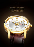 ROCOS Brand Luxury Golden Men's Watches High-end Business Simple Fashion Men's Watches Automatic Mechanical Watches Sun Pattern Brushed Dial Calfskin Strap Waterproof Men's Watches Week Calendar Display Gifts for Men