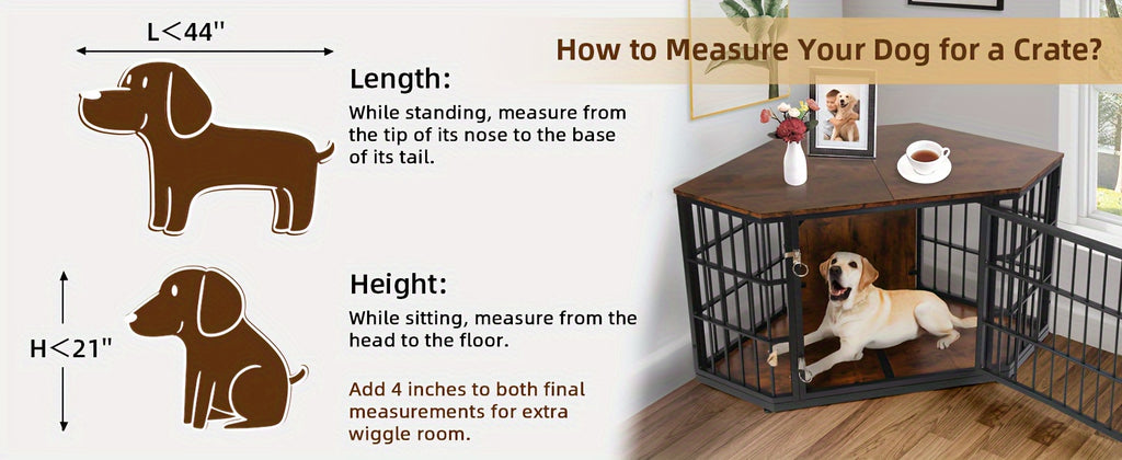 47"/52" Heavy Duty Corner Dog Crate Furniture - Rustic Brown Wooden Dog Cage with Double Sturdy Locks, Space-Saving Indoor Kennel & Side Table for Medium Dogs, Multi-Functional Pet House with Cushioned Floor & Decorative Top