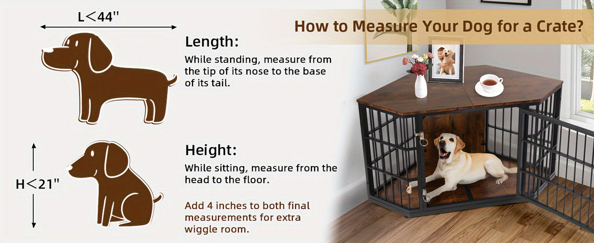 47"/52" Heavy Duty Corner Dog Crate Furniture - Rustic Brown Wooden Dog Cage with Double Sturdy Locks, Space-Saving Indoor Kennel & Side Table for Medium Dogs, Multi-Functional Pet House with Cushioned Floor & Decorative Top