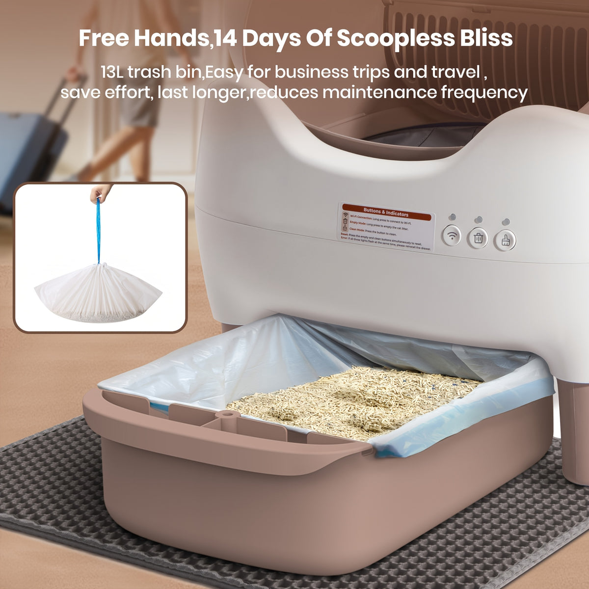 Large Smart Self-Cleaning Cat Litter Box, App-Controlled Automatic Cleaner with 3.43Gal Big Capacity, 2.4G Wifi Cat Litter Box with Odor Removal, 14-Day Hands Free Scoopless Care, Auto-Scoop, Ideal for Busy Pet Owners, 1 Brush, Trash Bags And 1 Mat