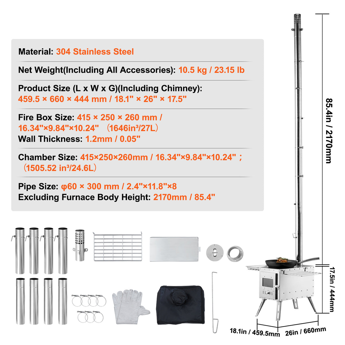 VEVOR Wood Stove, 86 inch, Stainless Steel Camping Tent Stove, Portable Wood Burning Stove with Chimney Pipes & Gloves, 3000in³Firebox Hot Tent Stove for Outdoor Cooking and Heating with 8 Pipes