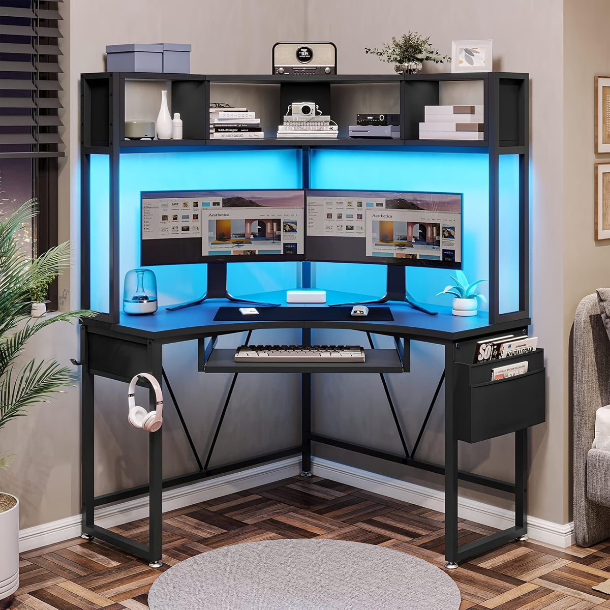 Corner Computer Desk with RGB LED Lights and Space-Saving Keyboard Tray plus Two-Tier Shelf Storage