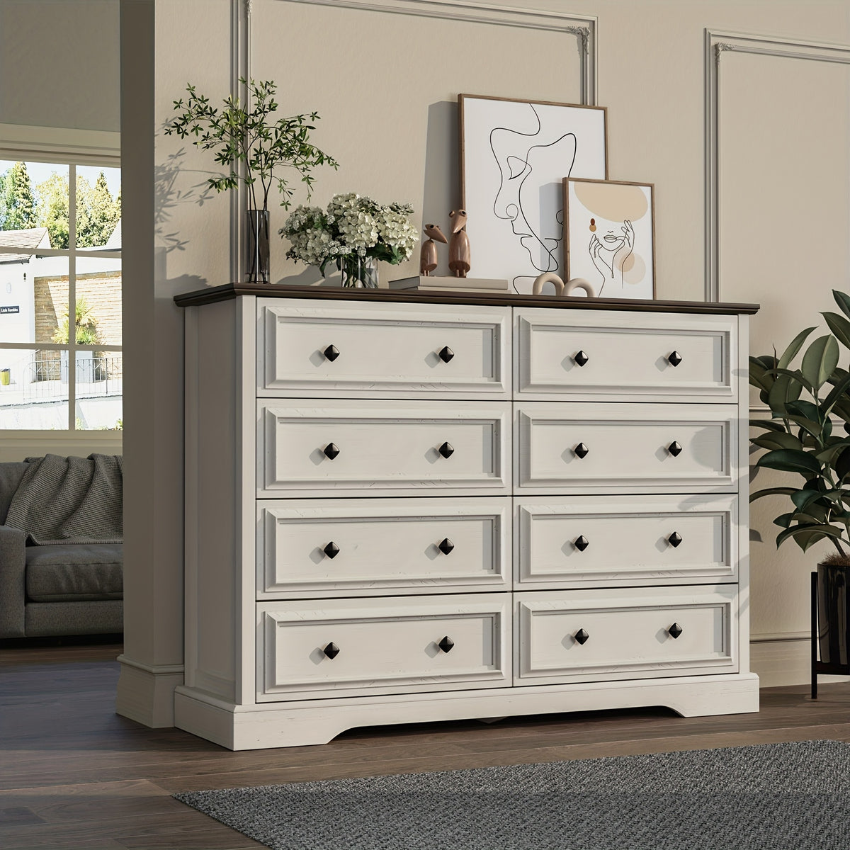 Farmhouse 6/7/8 Drawer Dresser for Bedroom, Wood Rustic Chest of Drawers with Natural Texture, Vintage Design, Storage Dressers Organizer for Bedroom, Living Room
