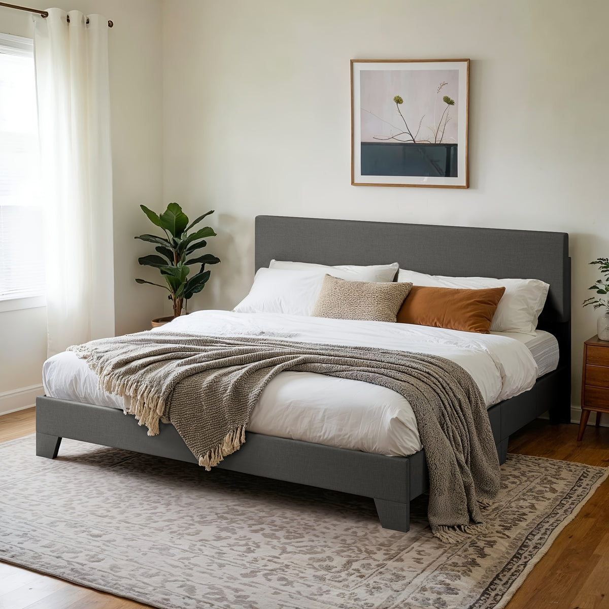 HOOMIC Upholstered Platform Bed in Full, Queen, Or King Sizes with an Adjustable Headboard, Sturdy Wooden Frame, Easy Assembly, No Box Spring Required, Available in 5 Colors: Beige, Dark Grey, Light Grey, Black, White