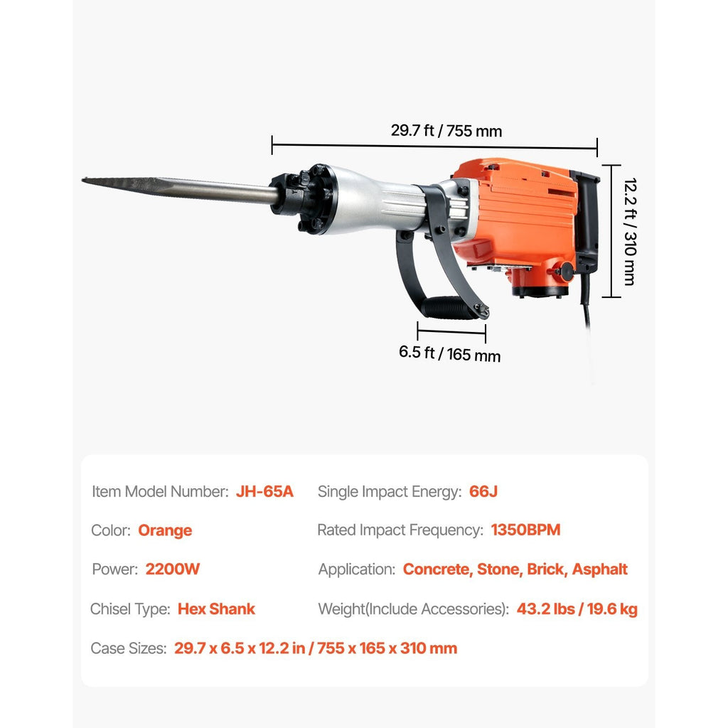 VEVOR Demolition Jack Hammer, 2200W Electric Jackhammer Heavy Duty, 1350 BPM Concrete Breaker, 2pcs Chisels Bit Chipping with Case