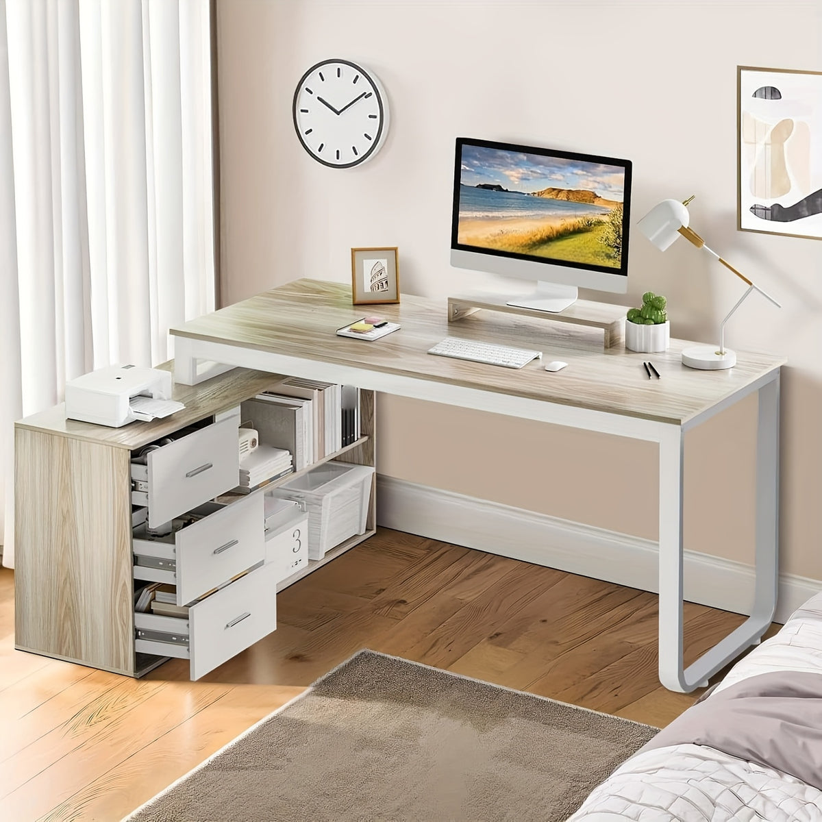 Home Office Computer L Shaped Gaming Computer Desk Corner Desk with 3 Drawers and 2 Shelves, Long Desk with Storage Shelfs & Removable Monitor Stand,, Corner, Small Space, computer desk for home office