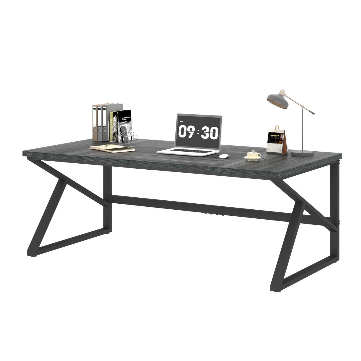 [Extra Long Computer Desk] 70 Inch Extra Long Computer Desk, Industrial Metal Wood Home Office Desk, Large PC Laptop Table For 2 Person Executive Writing Work Study Gaming, Bedroom Living Room Dual Monitor Desk, Dark Gray