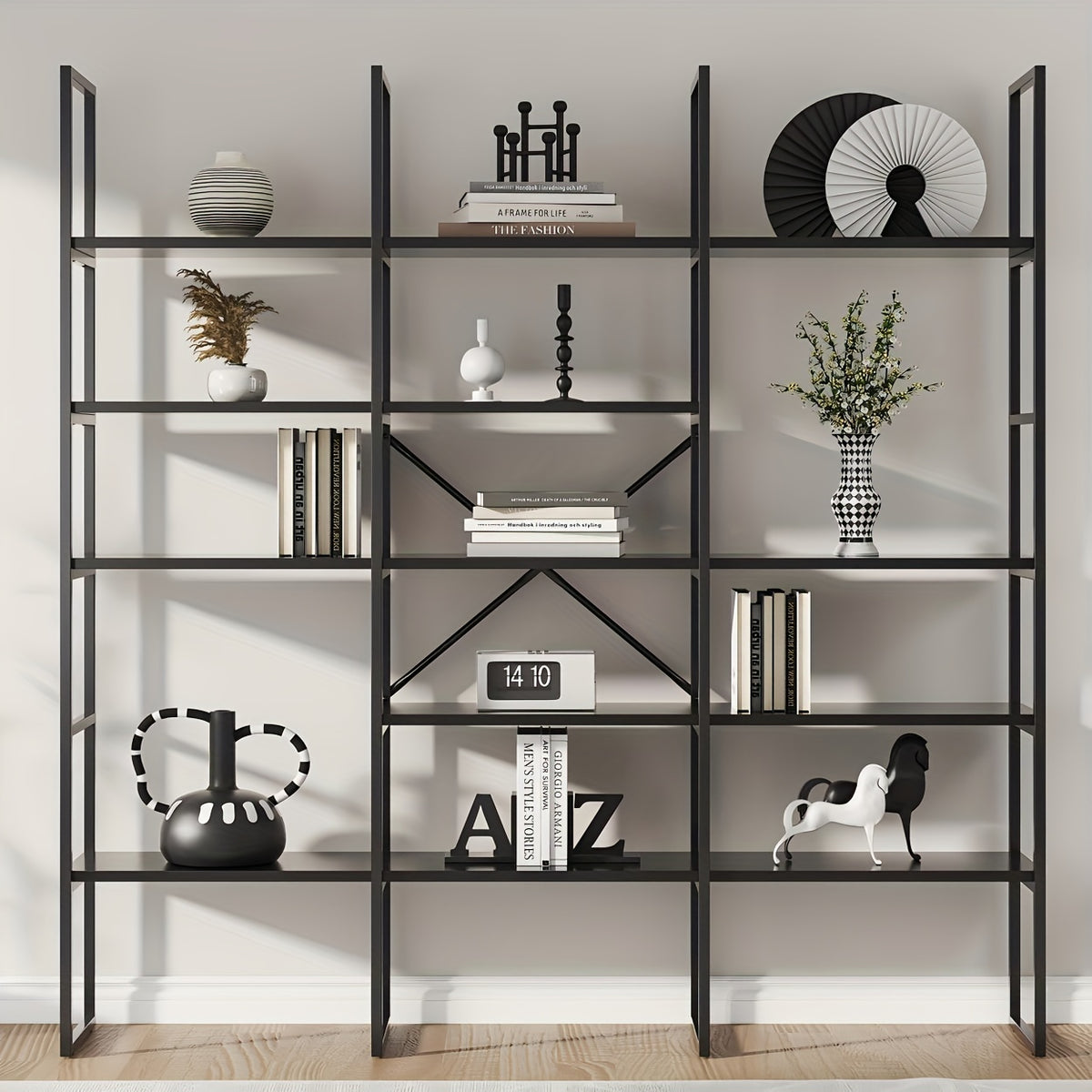 5-Tier Triple Wide Geometric Bookshelf, Industrial Etagere with Sturdy Metal Frame, 71" Tall Freestanding Display Shelving Unit, Modern Design for Home& Office
