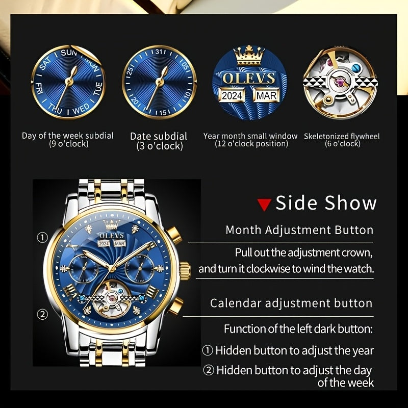 OLEVS Men'S Mechanical Watch - Automatic Movement Stainless Steel Large Dial, Luminous Dual Calendar Business Casual Dress Multifunctional Wristwatch Relojes Para Hombre Without Box, Without Battery