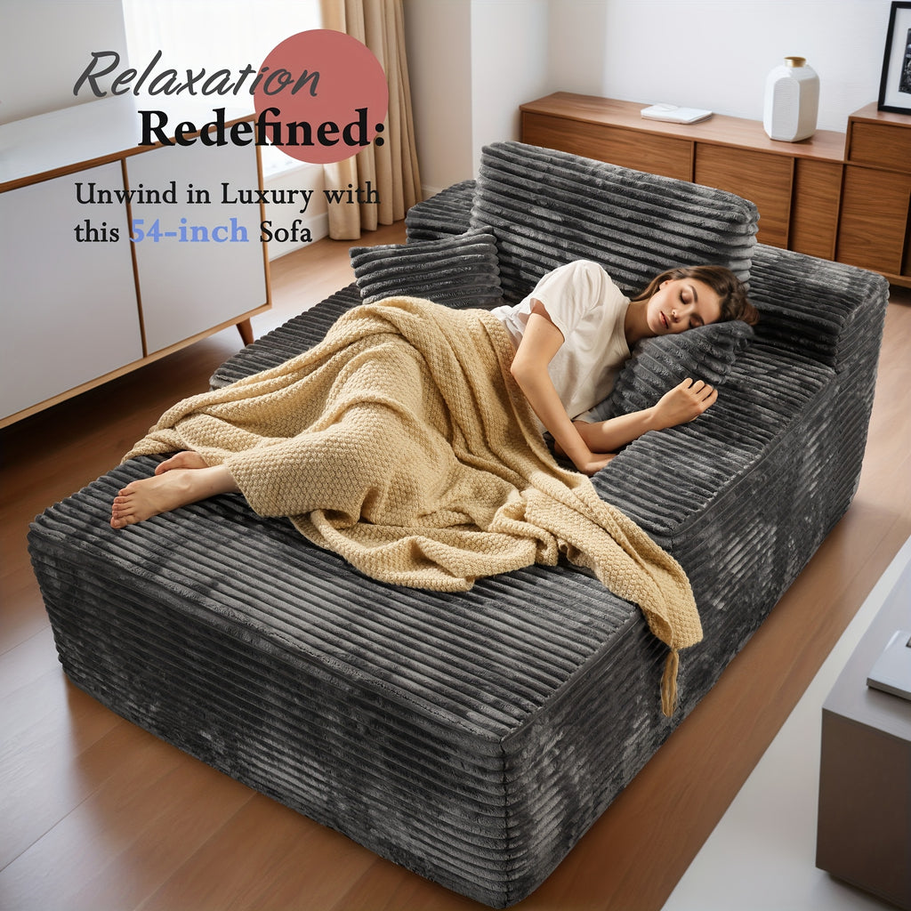 67" Oversized Boneless Lounge Chaise - Corduroy/Plush Fabric/Teddy Fleece Floor Couch with Pillows And Armrests | Deep Seat Single Sofa Bed with High Density Sponge Cushion | U Sleeper Couch for Living Room, Apartment, Bedroom | No Assembly Required
