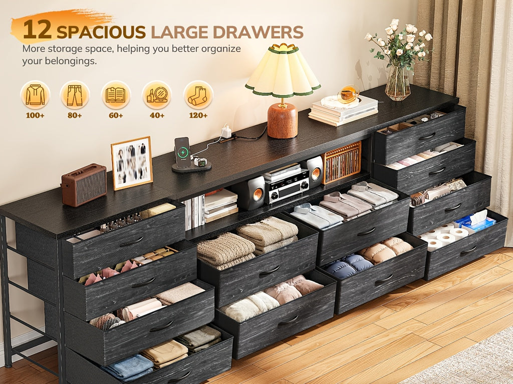 [12pcs] 63" Smart TV Stand With LED Lights & Power Outlets, For TVs Up To 75", 12-Drawer Fabric Dresser, Entertainment Center For Living Room, Bedroom, Hallway, Brown
