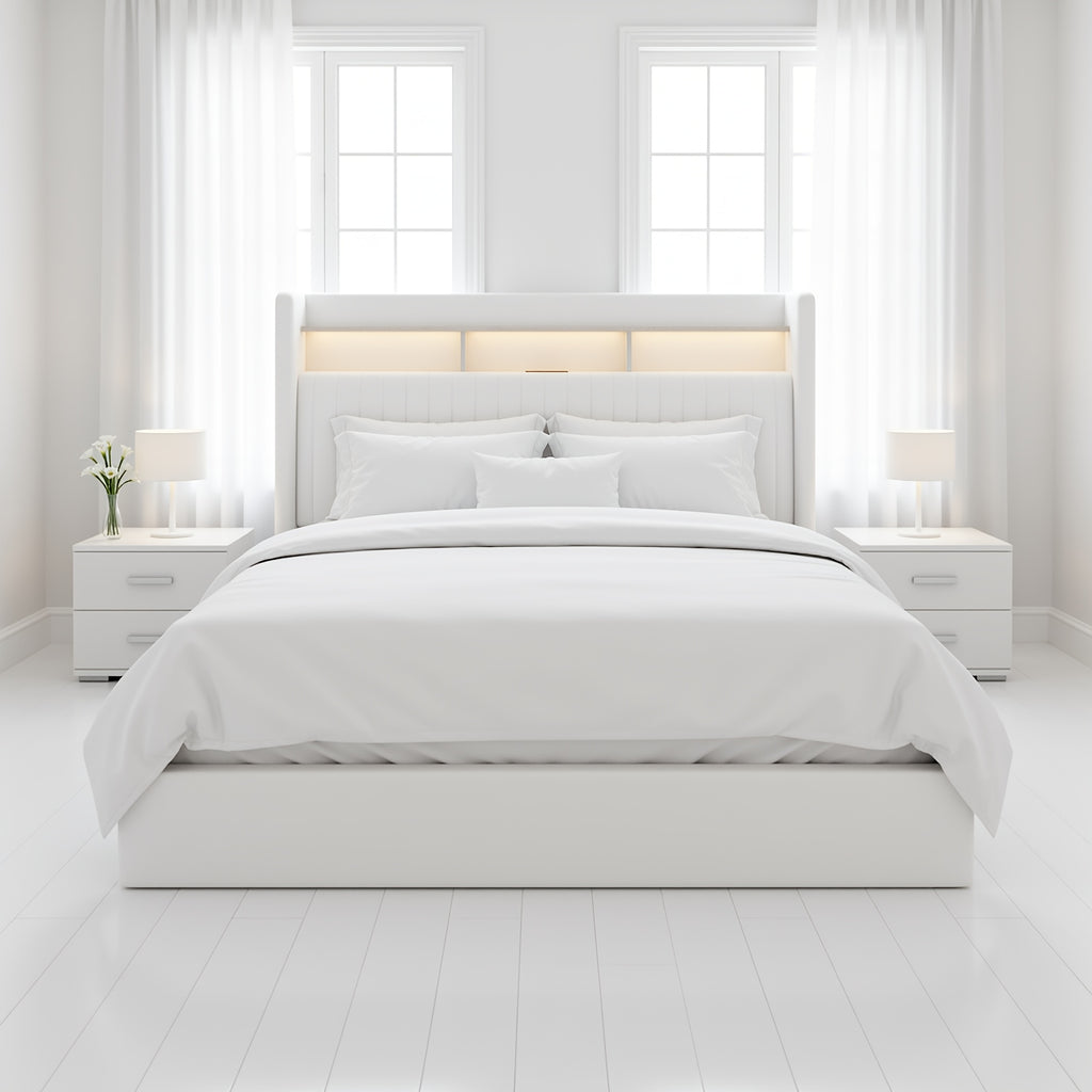 WEEWAY Lift Up Storage Bed Frame, Velvet Vertical Channel Headboard, LED Light And Charging Station, Hydraulic Support, Noise-Free Wooden Slats, No Box Spring Needed, Bedroom Furniture, Masterroom, Guestroom, White, Black, Cream, Grey, Free Shipping