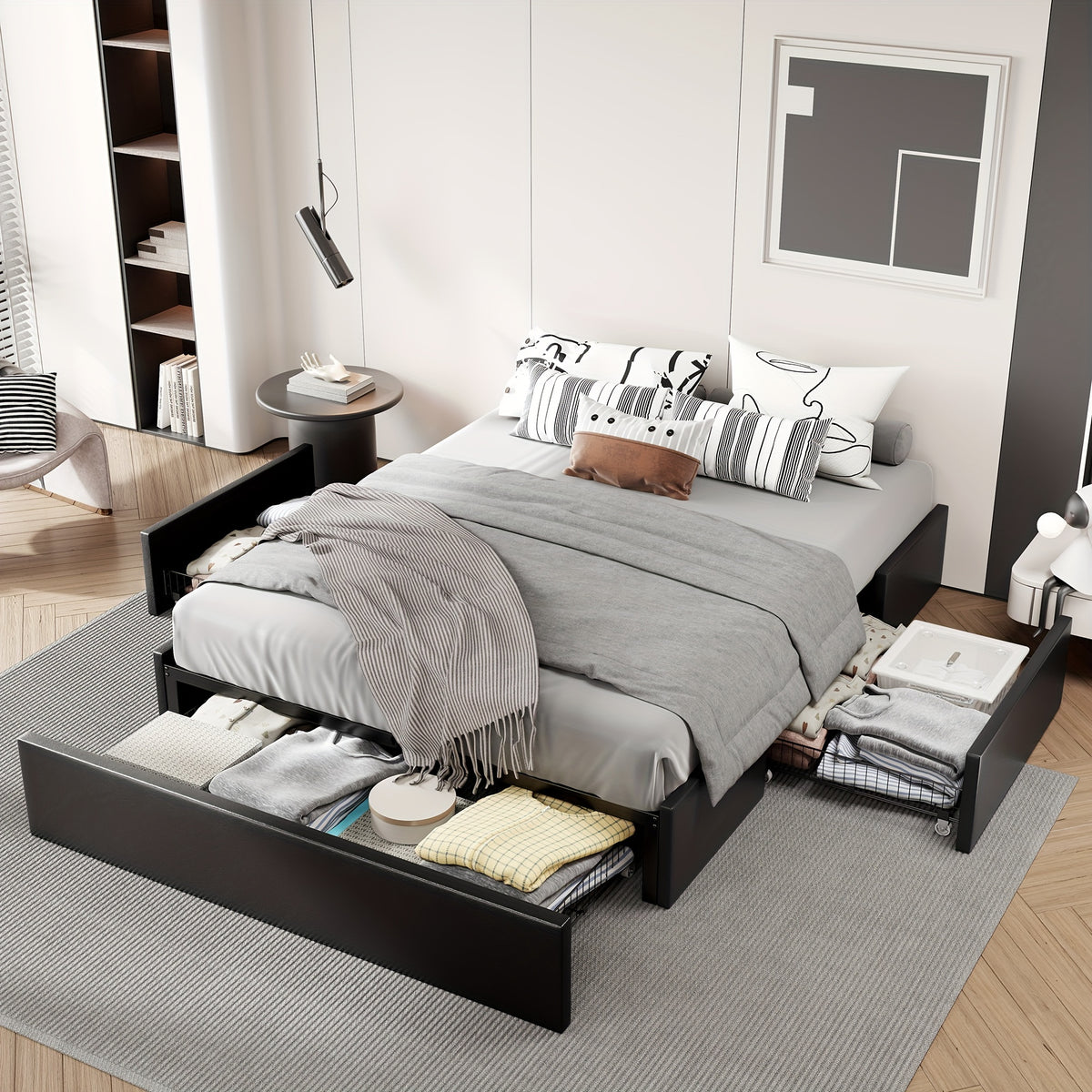 HOOMIC Full/Queen Size Platform Bed Frame with 3 Storage Drawers, Linen Fabric/Faux Leather Upholstered, Headboard Compatible, Wooden Slat Support, No Box Spring Needed, Noise Free, Dark Grey/Black