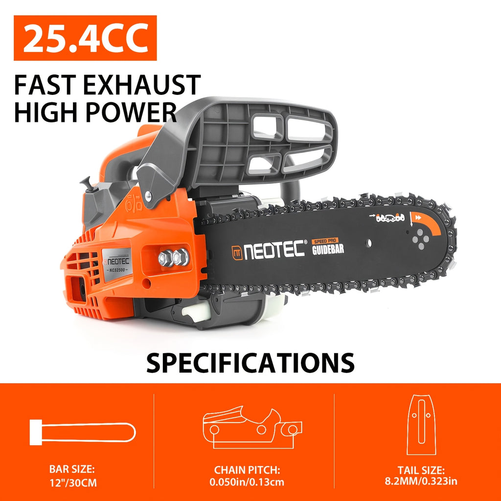 NEO-TEC 12'' Top Handle Gas Chainsaw, 2-Stroke 25.4cc Portable Chain Saws for Trees Gas Powered Wood Cutting