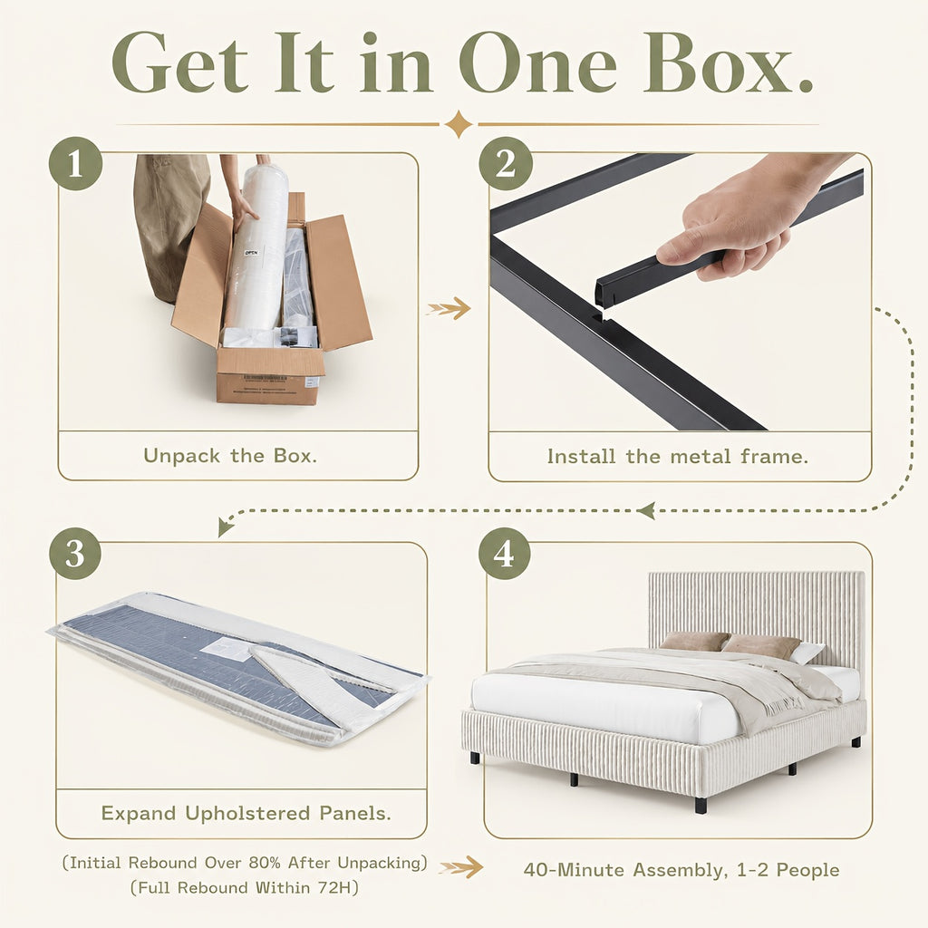 Platform Bed Frame with Upholstered Corduroy Headboard, Fully Padded 3.5" Thick Gap-Free Design, Heavy Duty Metal Slats, No Box Spring Required