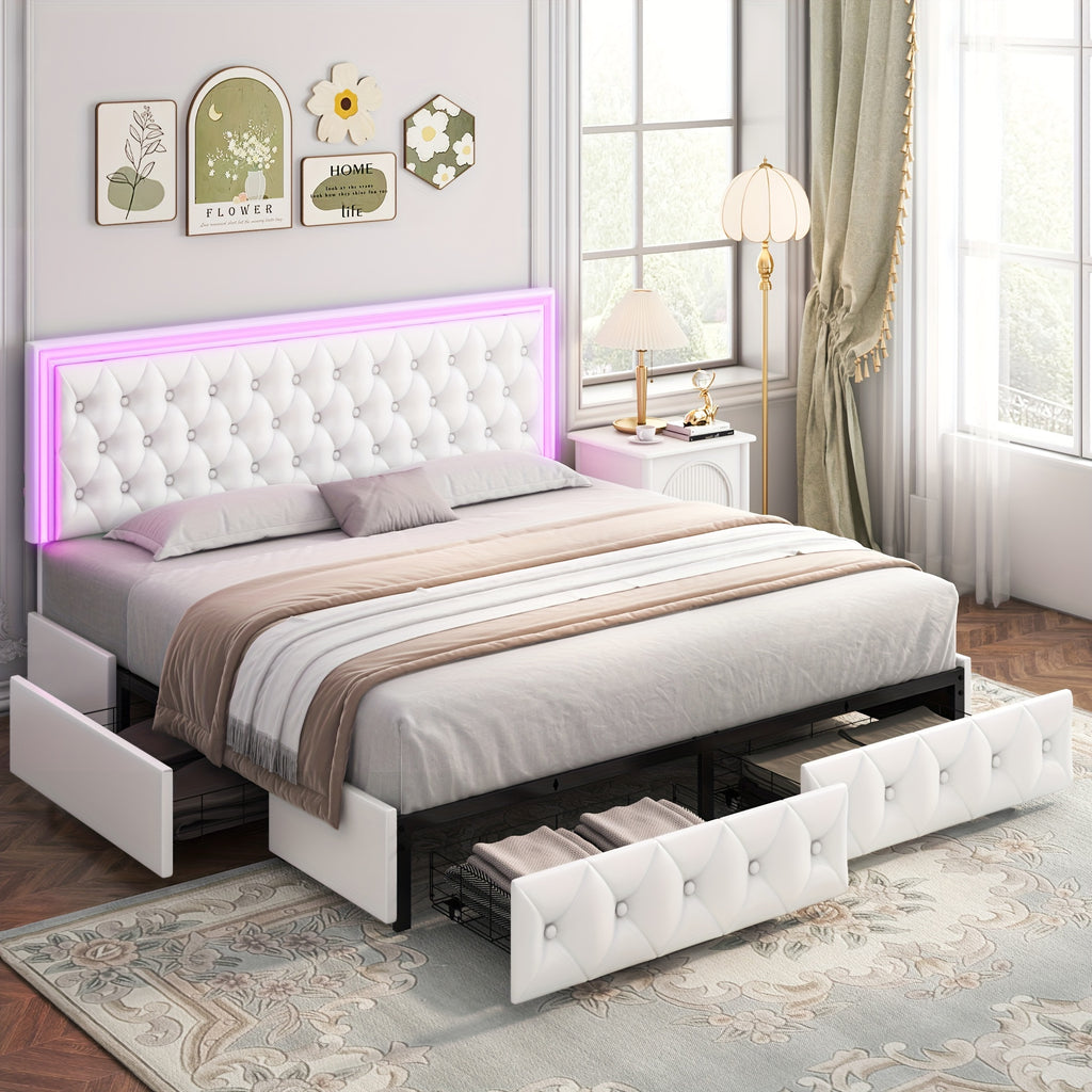 Full/Queen/King Size Modern Bed Frame with LED Headboard & 4 Storage Drawers - Upholstered Platform Bed, Button Tufted Headboard Suitable for Beige/White/Black - Assembly, No Box Spring Needed, Wood-Free