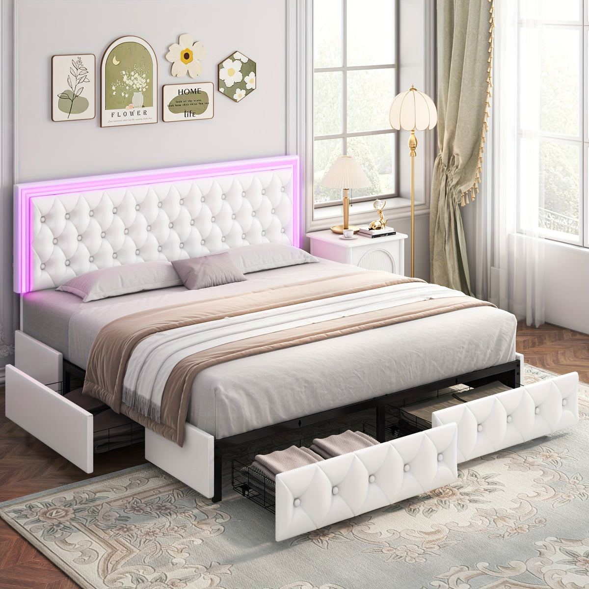 Full/Queen/King Size Modern Bed Frame with LED Headboard & 4 Storage Drawers - Upholstered Platform Bed, Button Tufted Headboard Suitable for Beige/White/Black - Assembly, No Box Spring Needed, Wood-Free