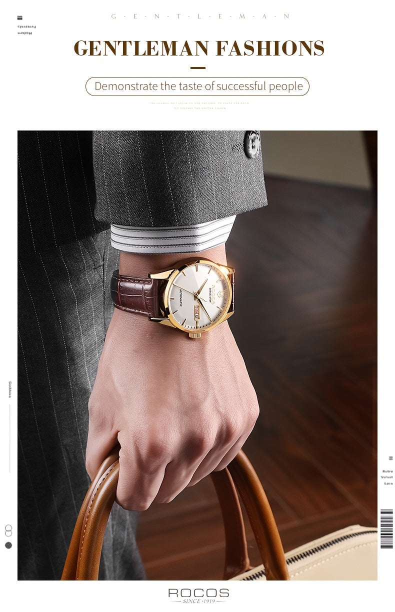 ROCOS Men's Watches High-end Business Watch for Men Automatic Mechanical Watch Classic Big Three Hands Golden Case Calfskin Strap Double Push Butterfly Buckle Calendar Day Of The Week Gift for Boyfriend