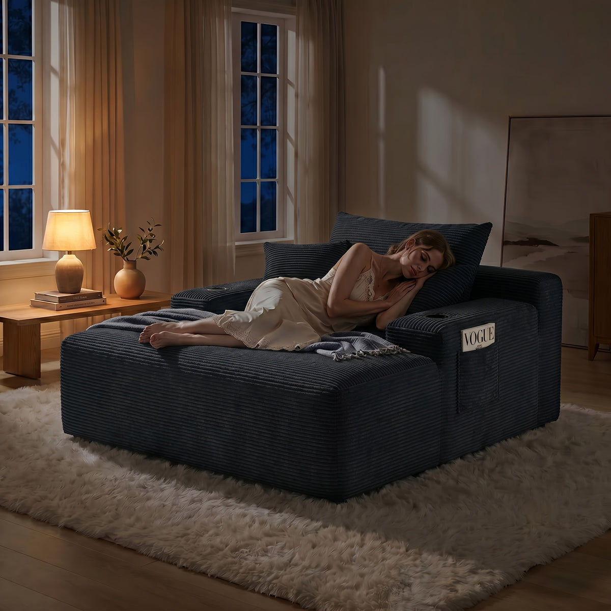 Extra-Large Boneless Sofa Chaise Lounge, with Cup Holder And Side Pockets, Living Room Sofa Chair Bed, Compressible High-Rebound Foldable Recliner, Supportive Pocket Spring System And High-Density Foam Padding, Non-Sinking Convertible Lounge Bed