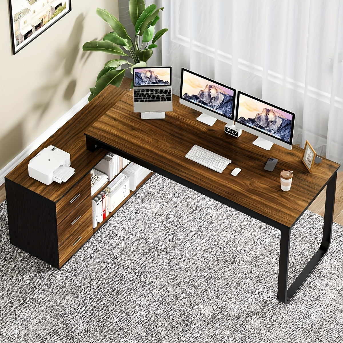 Home Office Computer L Shaped Gaming Computer Desk Corner Desk with 3 Drawers and 2 Shelves, Long Desk with Storage Shelfs & Removable Monitor Stand,, Corner, Small Space, computer desk for home office