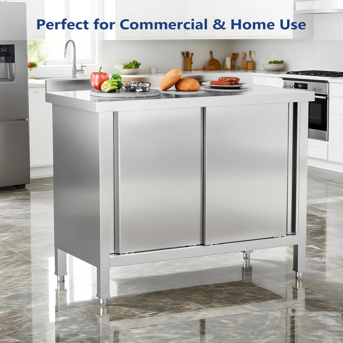 MEFEIR Commercial Stainless Steel Prep Table - 35"x28" Heavy Duty Kitchen Work Table w/ 2 Sliding Door Cabinet & Backsplash, Large Storage for Restaurant Food Prep