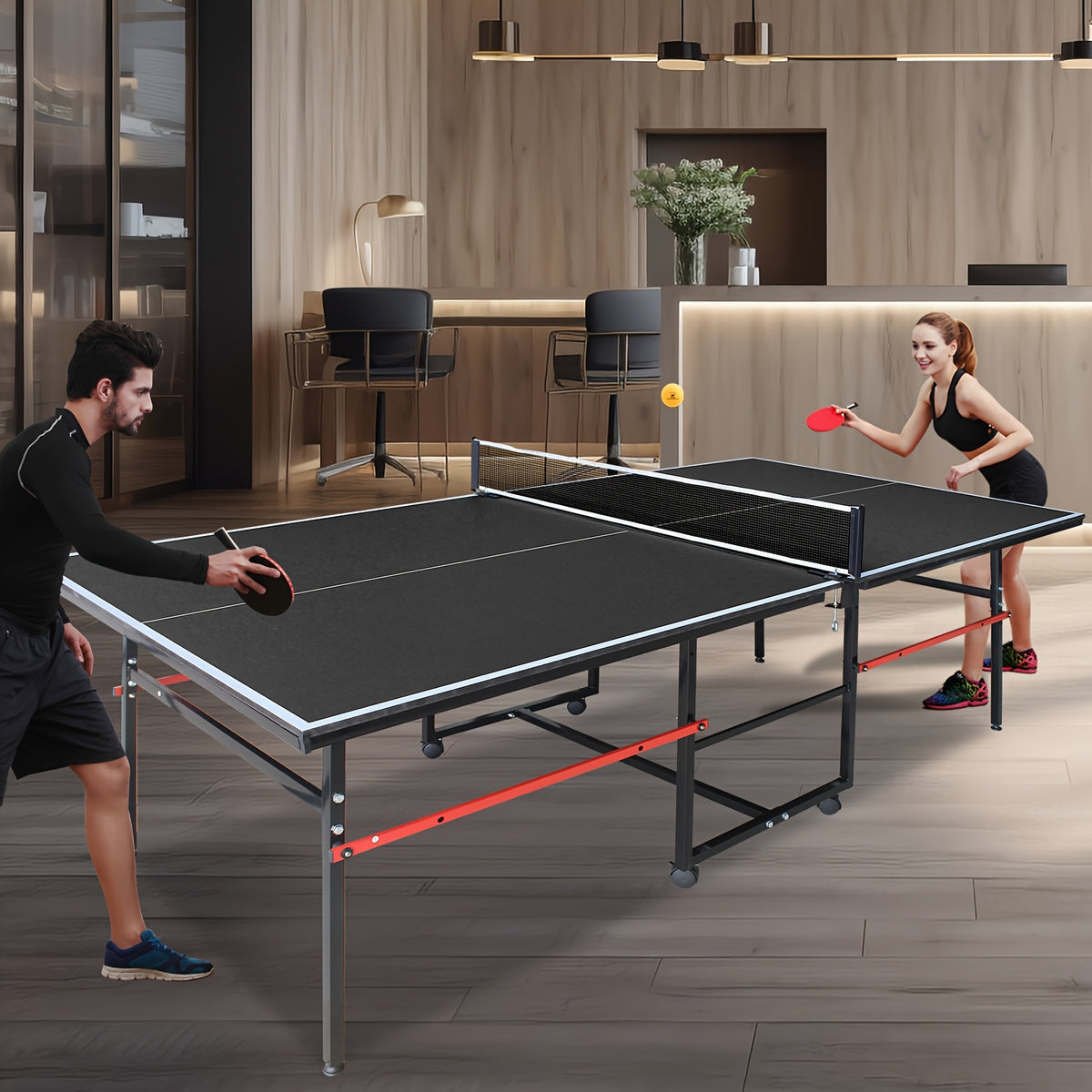 8ft Folding Rolling Table Tennis Table Regulation Ping Pong Table with 2 Paddles 3 Balls 1 Net And Post Set Fold-Up Design 4 Wheels for Easy Movement, BLACK