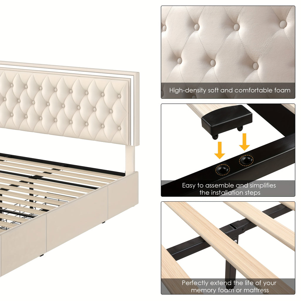 Full/Queen/King Size Modern Bed Frame with LED Headboard & 4 Storage Drawers - Upholstered Platform Bed, Button Tufted Headboard Suitable for Beige/White/Black - Assembly, No Box Spring Needed, Wood-Free