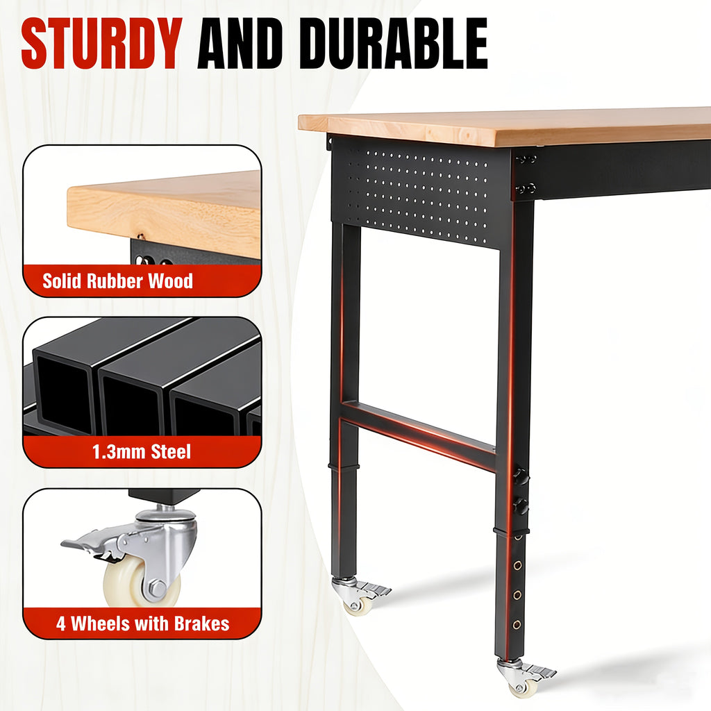 96"84"72"60"48"Adjustable Height Workbench with Power Outlet & Pegboard, 28"-40"Height Heavy Duty Solid Wood Work Table with 2000 to 5000 LBS Load Capacity for Garage, Shop, Office, Home