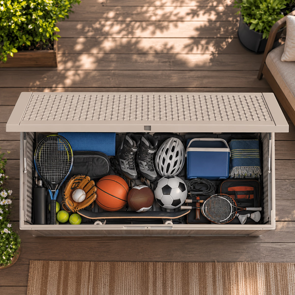 Outdoor Deck Box, 120-Gallon Lockable Resin Storage Chest with Rattan Look for Patio and Pool Supplies