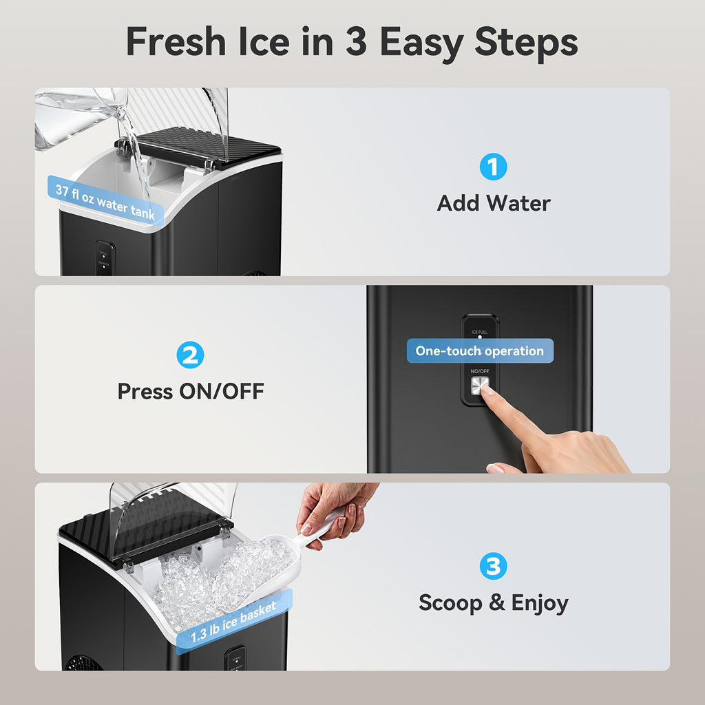 Countertop Nugget Ice Maker, Qunler 33 Lbs/Day Self-Cleaning Soft Chewable Pellet Ice Machine with Ice Scoop And Ice Basket for Iced Coffee, Soda, Tea, Cold Drinks, Kitchen, Office, RV, Camping, Black