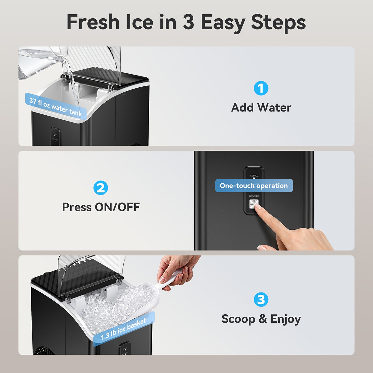 Countertop Nugget Ice Maker, Qunler 33 Lbs/Day Self-Cleaning Soft Chewable Pellet Ice Machine with Ice Scoop And Ice Basket for Iced Coffee, Soda, Tea, Cold Drinks, Kitchen, Office, RV, Camping, Black