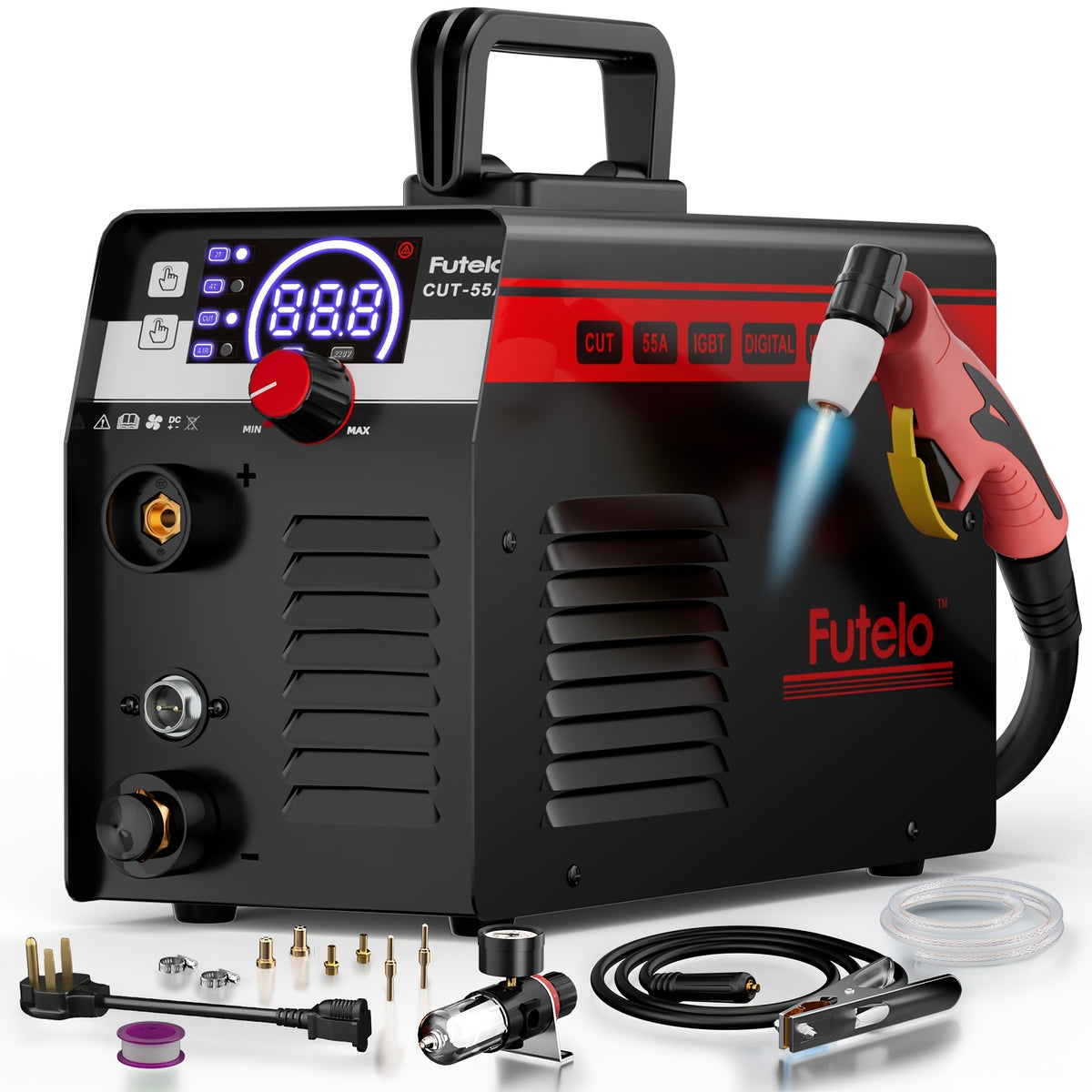 Futelo 55A Dual Voltage Plasma Cutter, 110V/220V, LED Display, Contact Pilot Arc, IGBT Inverter, Max 1/2" Clean Cut, 2T/4T Mode, Portable for DIY & Workshop, Full Complete Accessories Included
