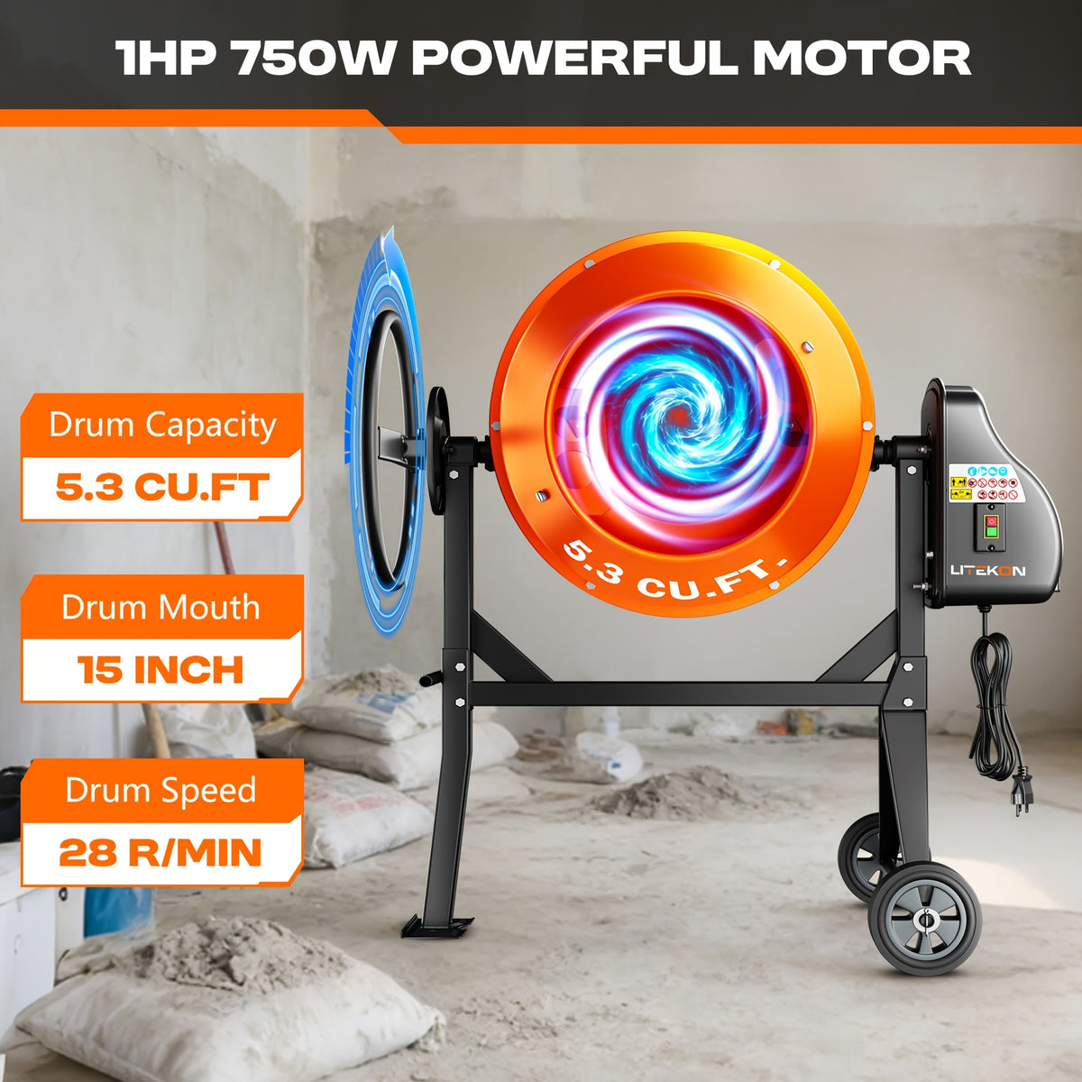 Electric Concrete Mixer with Wheels in 4.3 or 5.3 Cubic Feet for Cement and Mortar Mixing Jobs