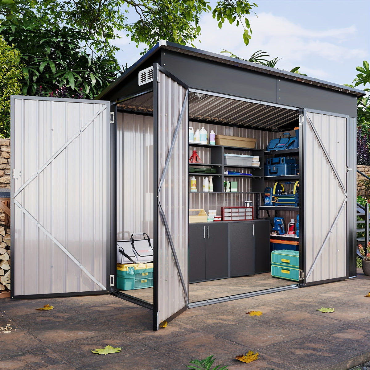 Nordivale 8 X 4/10X8/12X8 FT Outdoor Storage Shed with Sturdy Metal Frame - Lockable Triple Door Tool Sheds, Heavy Duty Storage Building for Bicycles, Lawn Tools Suitable All-Weather, Waterproof Garden Metal Trash Storage Sheds for Patio, Backyard