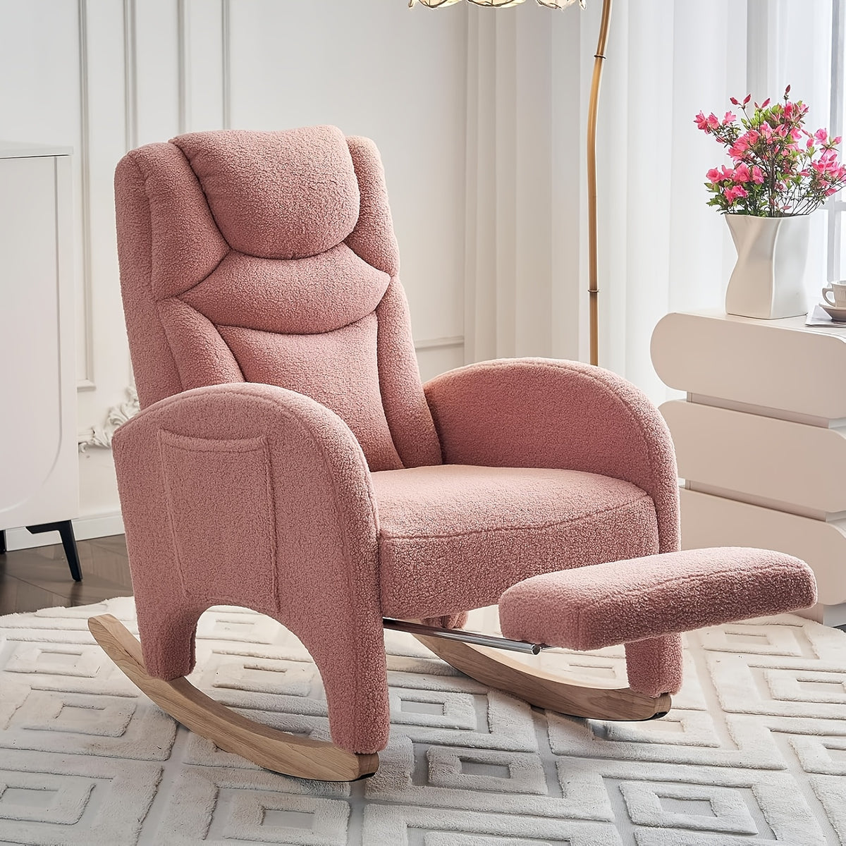 Rocking Chair Nursery, Modern Glider Chair with Adjustable Footrest And Solid Wood Legs, High Backrest Nursery Chair with Side Pocket, Rocker Armchair for Living Room Bedroom