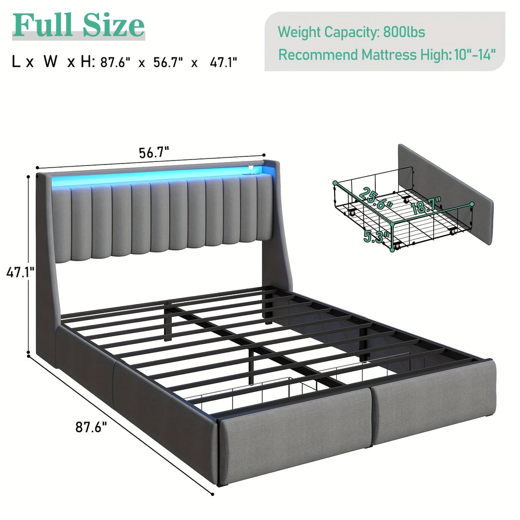 Full Queen King Bed Frame with 2 Storage Drawers And Luxury Wingback Upholstered Button Tufted Storage Headboard, Charging Station, Storage Headboard & LED Lights, Noise-Free-Dark Gray