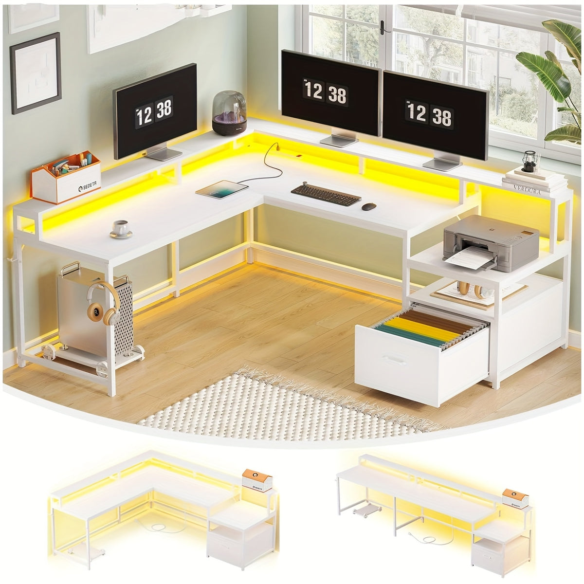 L Shaped Desk for Home Office, Reversible Corner Computer Desk with File Drawer, Led Lights and Monitor Shelf, Two Person Desk