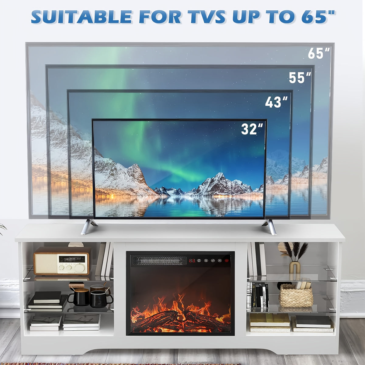 Fireplace TV Stand with 18-Inch Fireplace, Modern Entertainment Center for Tvs Up to 65 Inches, Media TV Console with Adjustable Glass Shelves And Storage Cabinets, Farmhouse TV Stand for Living Room