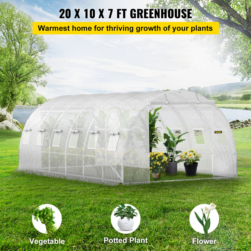 Walk-in Tunnel Greenhouse, 20 x 10 x 7 ft Portable Plant Hot House w/ Galvanized Steel Hoops, 3 Top Beams, Diagonal Poles, 2 Zippered Doors & 12 Roll-up Windows, White