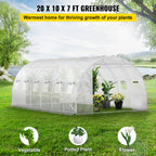 Walk-in Tunnel Greenhouse, 20 x 10 x 7 ft Portable Plant Hot House w/ Galvanized Steel Hoops, 3 Top Beams, Diagonal Poles, 2 Zippered Doors & 12 Roll-up Windows, White