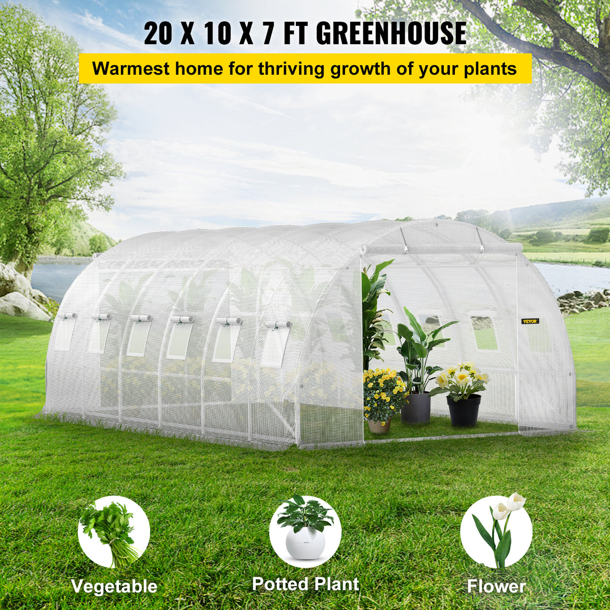 Walk-in Tunnel Greenhouse, 20 x 10 x 7 ft Portable Plant Hot House w/ Galvanized Steel Hoops, 3 Top Beams, Diagonal Poles, 2 Zippered Doors & 12 Roll-up Windows, White