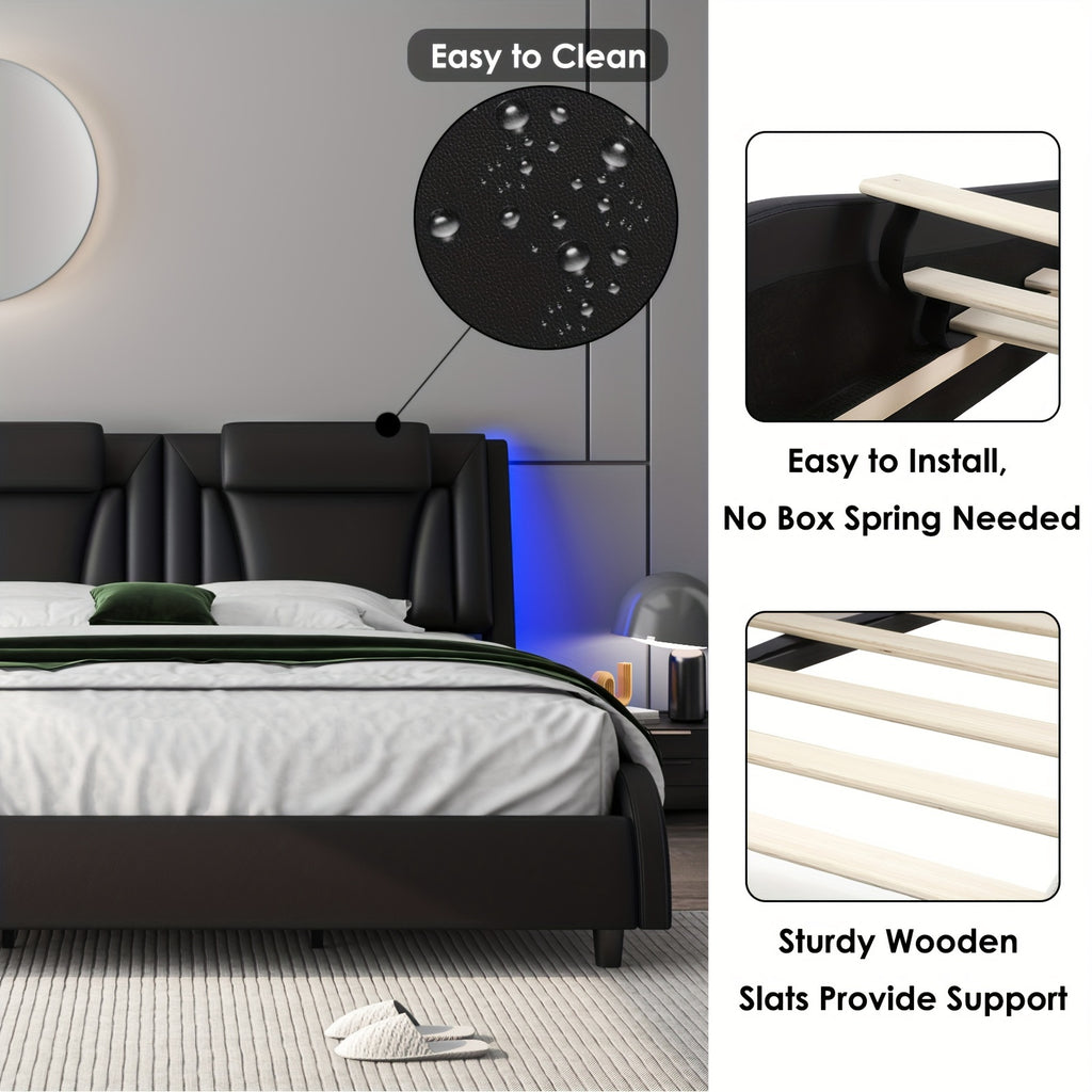 Upholstered Bed Frame Available in Full, Queen, And King Sizes Featuring an Adjustable Headboard, a Wavy Design, a Removable Backrest, And Solid Wooden Slats for Support, Eliminating The Need for a Box Spring, Offered in Faux Leather in White
